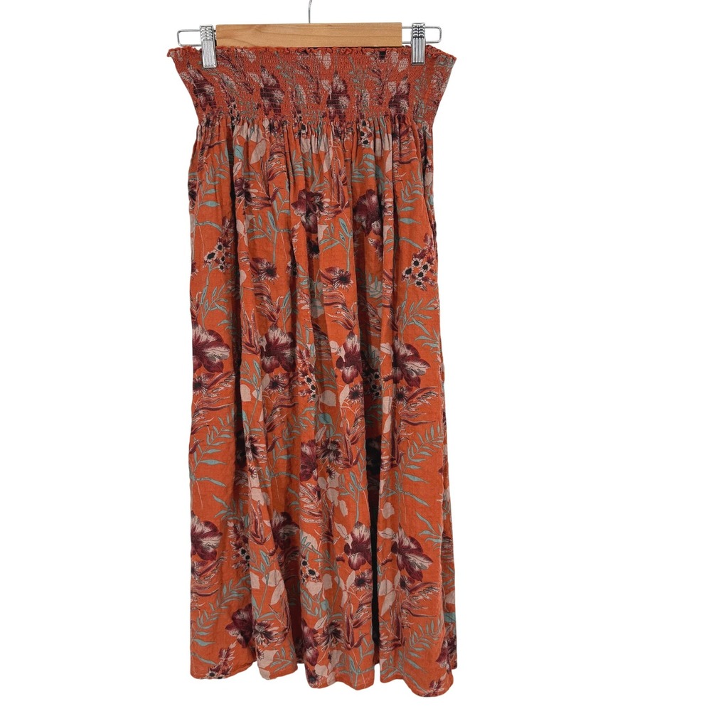 Natural Life Midi Skirt Womens Medium Orange Floral Smocked Waist Excellent Boho